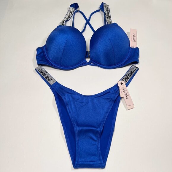 Victoria Secret 34D M Bombshell Push Up Top Bikini Set LOGO Shine Strap Blue - Picture 2 of 10
